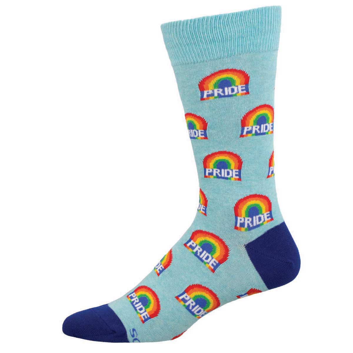 A pair of blue cotton crew socks with a pattern of rainbows and the word 'PRIDE' repeated across the visible surface.