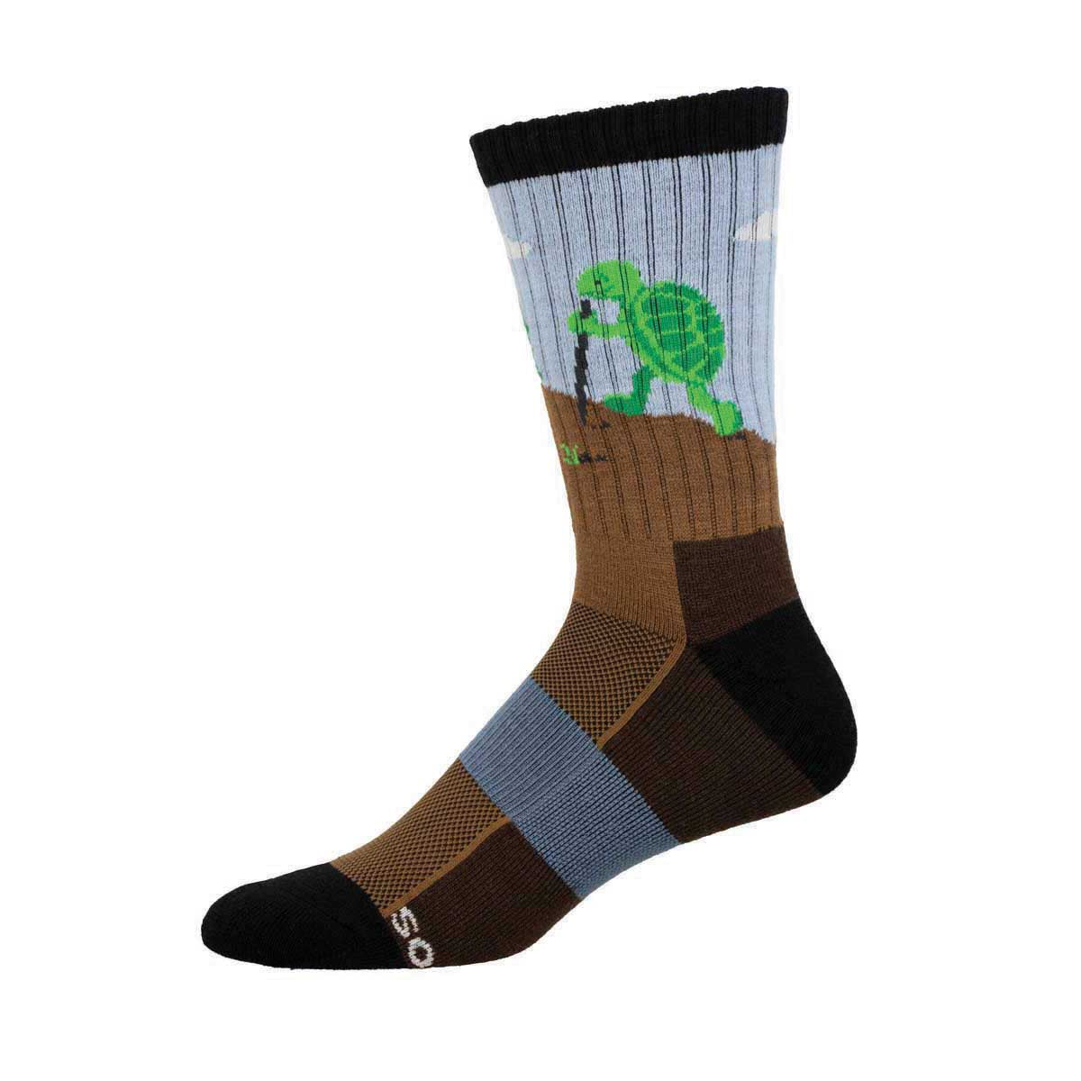 A crew sock with a turtle design, featuring multiple colors including blue, brown, and green.