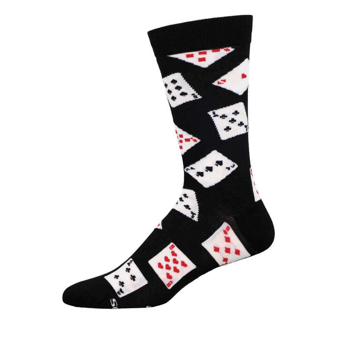 A black sock with a geometric pattern of red and white playing card suits.