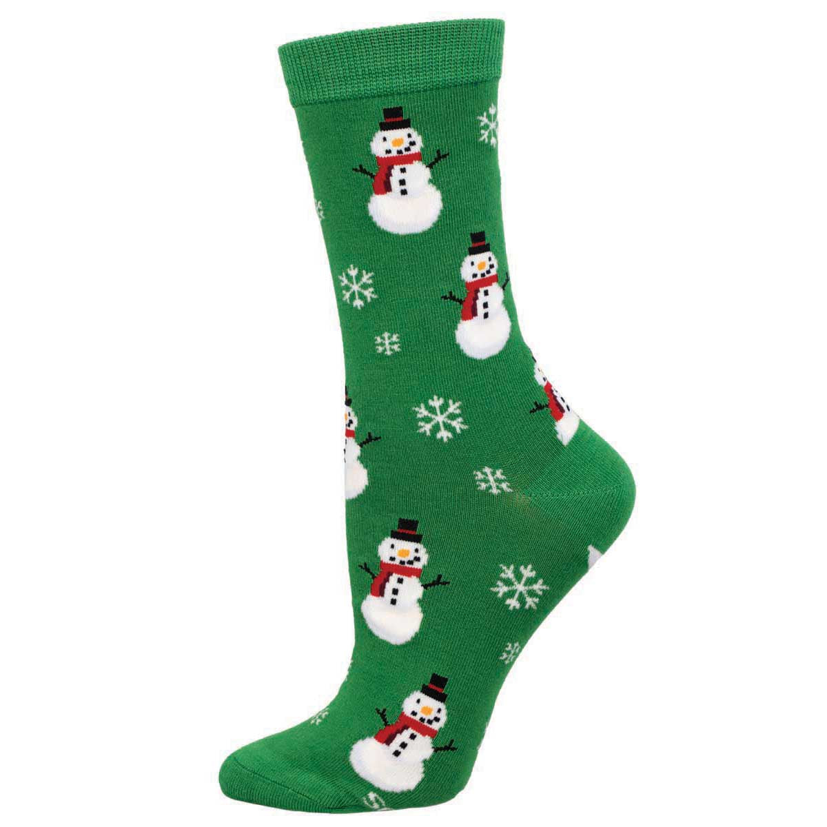 A green sock with a pattern of smiling snowmen in red and white hats and snowflakes.