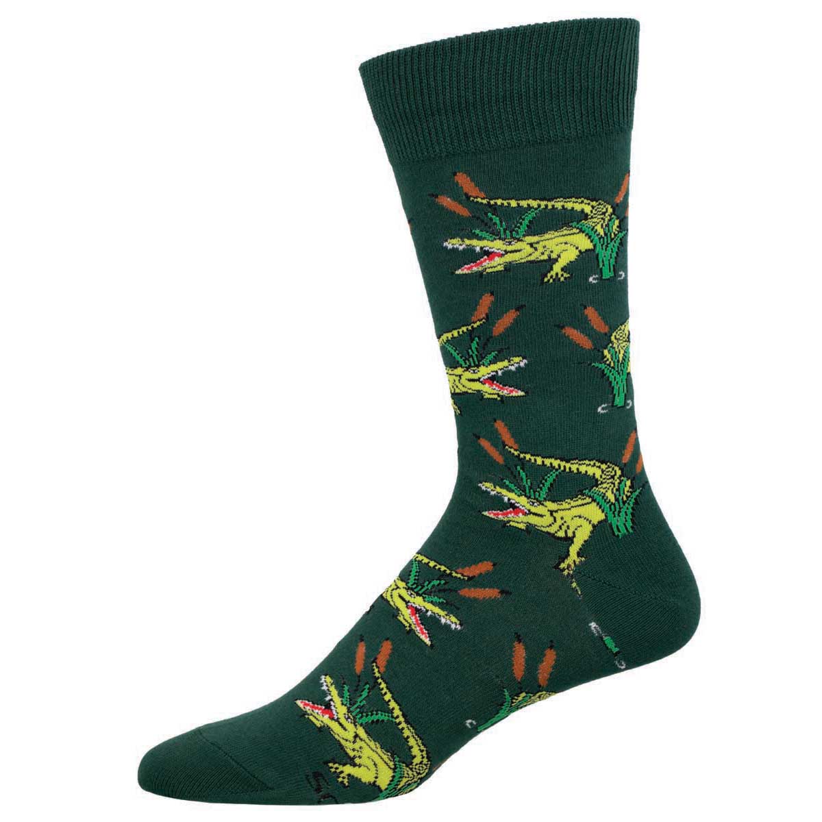 A green crew sock with a pattern of alligators and foliage.