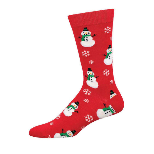 A red sock with a pattern of smiling snowmen in green and black hats and white snowflakes.