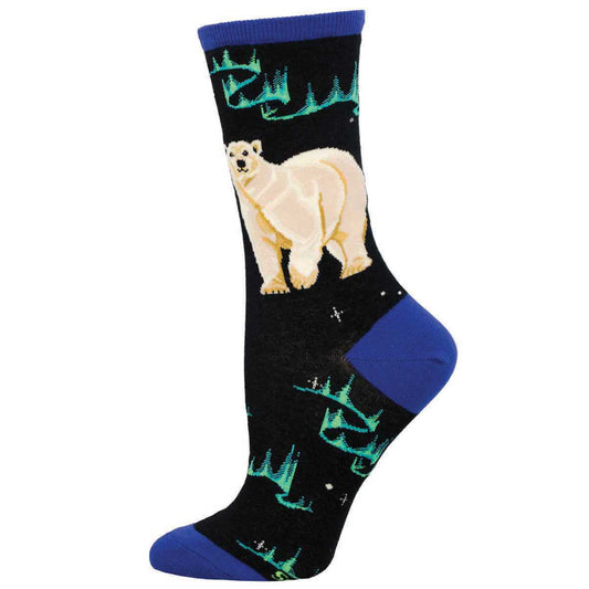 A pair of women's crew socks featuring a white polar bear design on a black background with blue at the heel and toe areas.