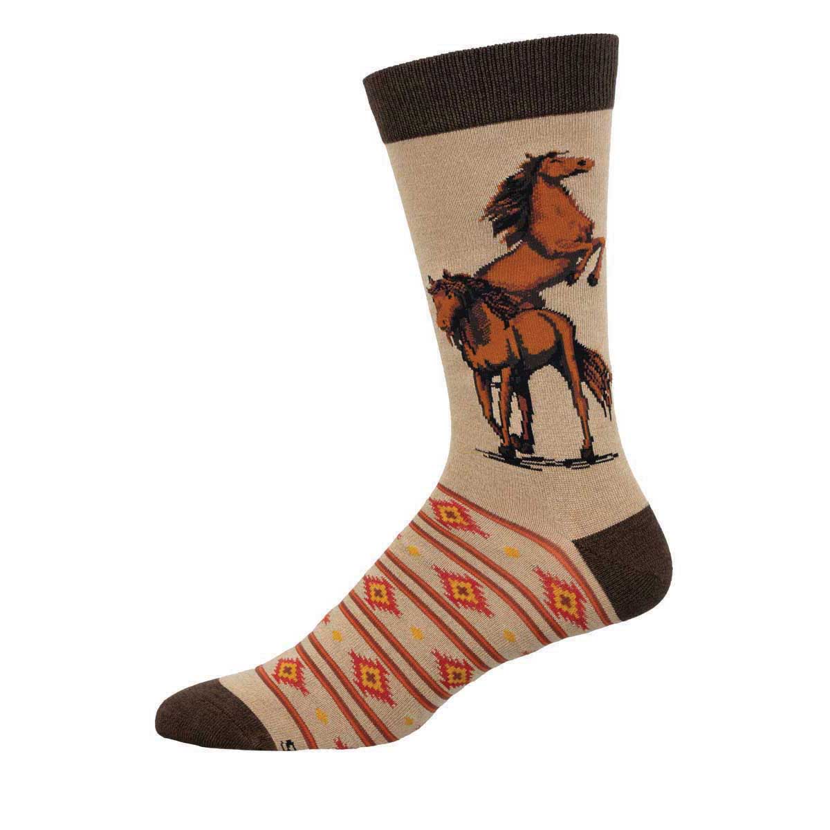 A pair of beige socks with brown patterns depicting wild horses and a geometric design.