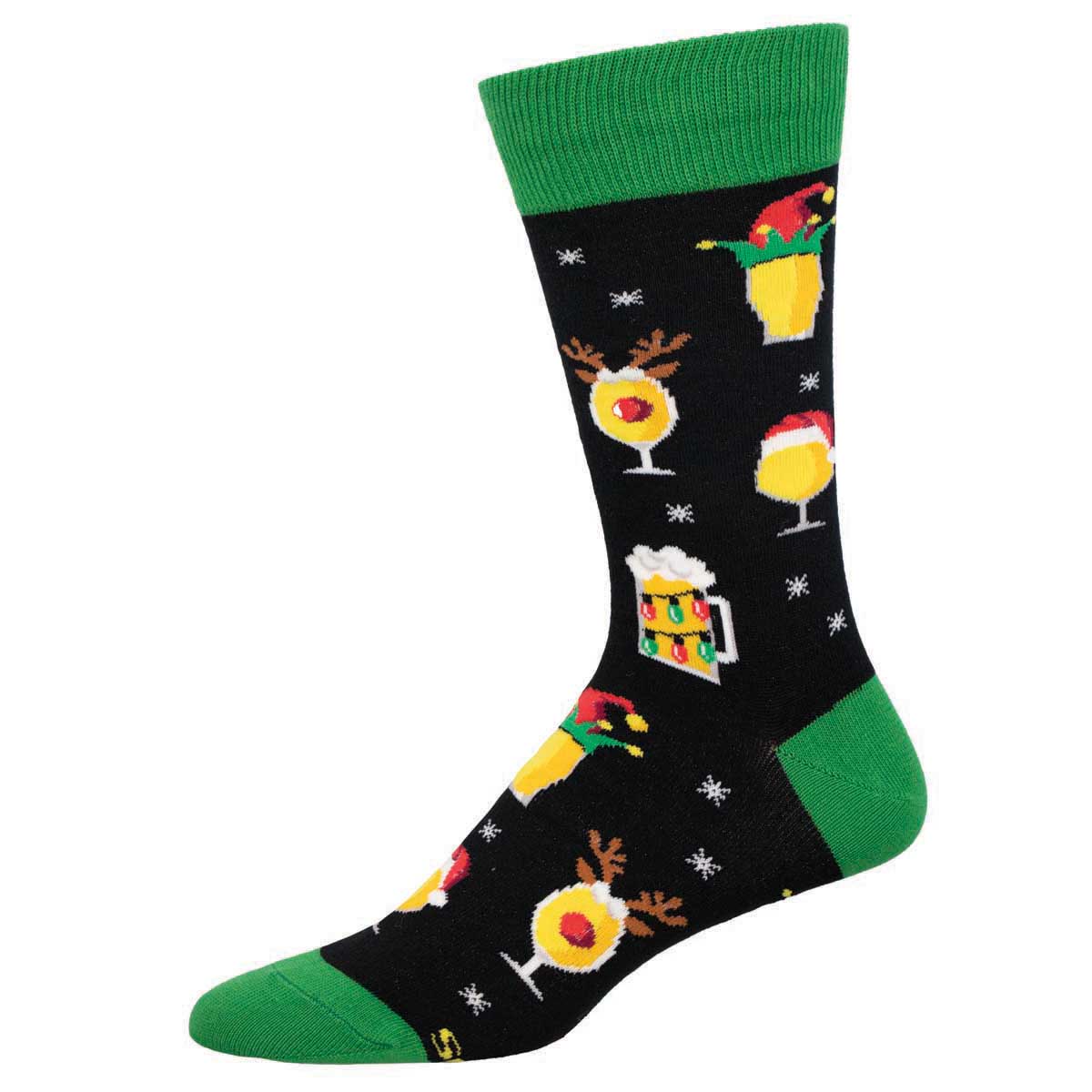 A pair of colorful crew socks featuring holiday and beer-themed patterns with a black background and green cuffs.