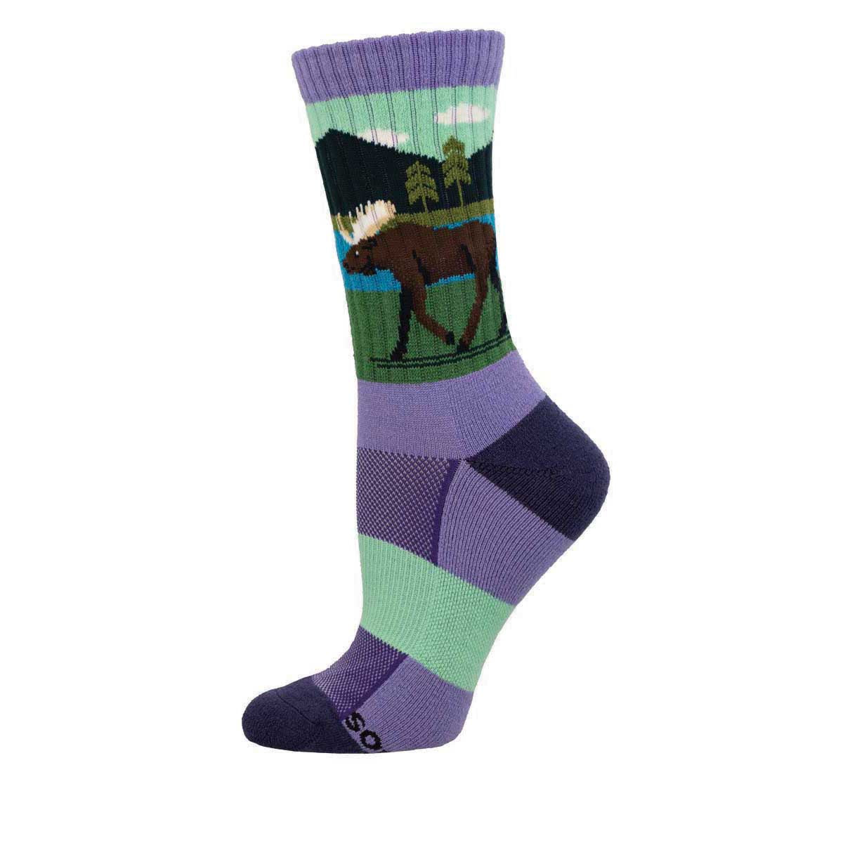 A colorful crew sock featuring a moose design with a cushioned footbed and arch support.