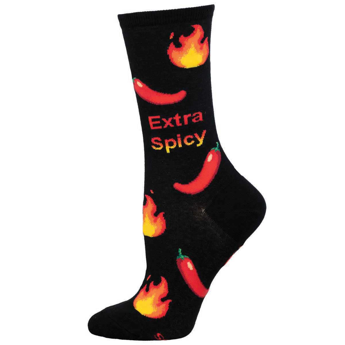 A pair of black cotton crew socks with a pattern of red chili peppers and flames, and the text 'Extra Spicy' displayed prominently.