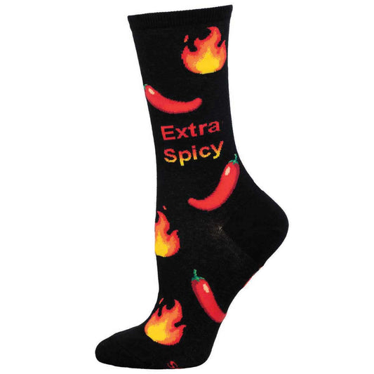 A pair of black cotton crew socks with a pattern of red chili peppers and flames, and the text 'Extra Spicy' displayed prominently.