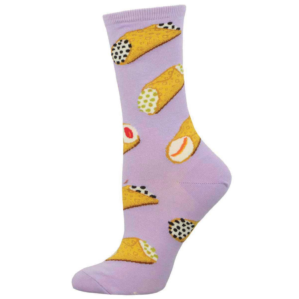 A pair of purple socks with a pattern of stylized cannoli.