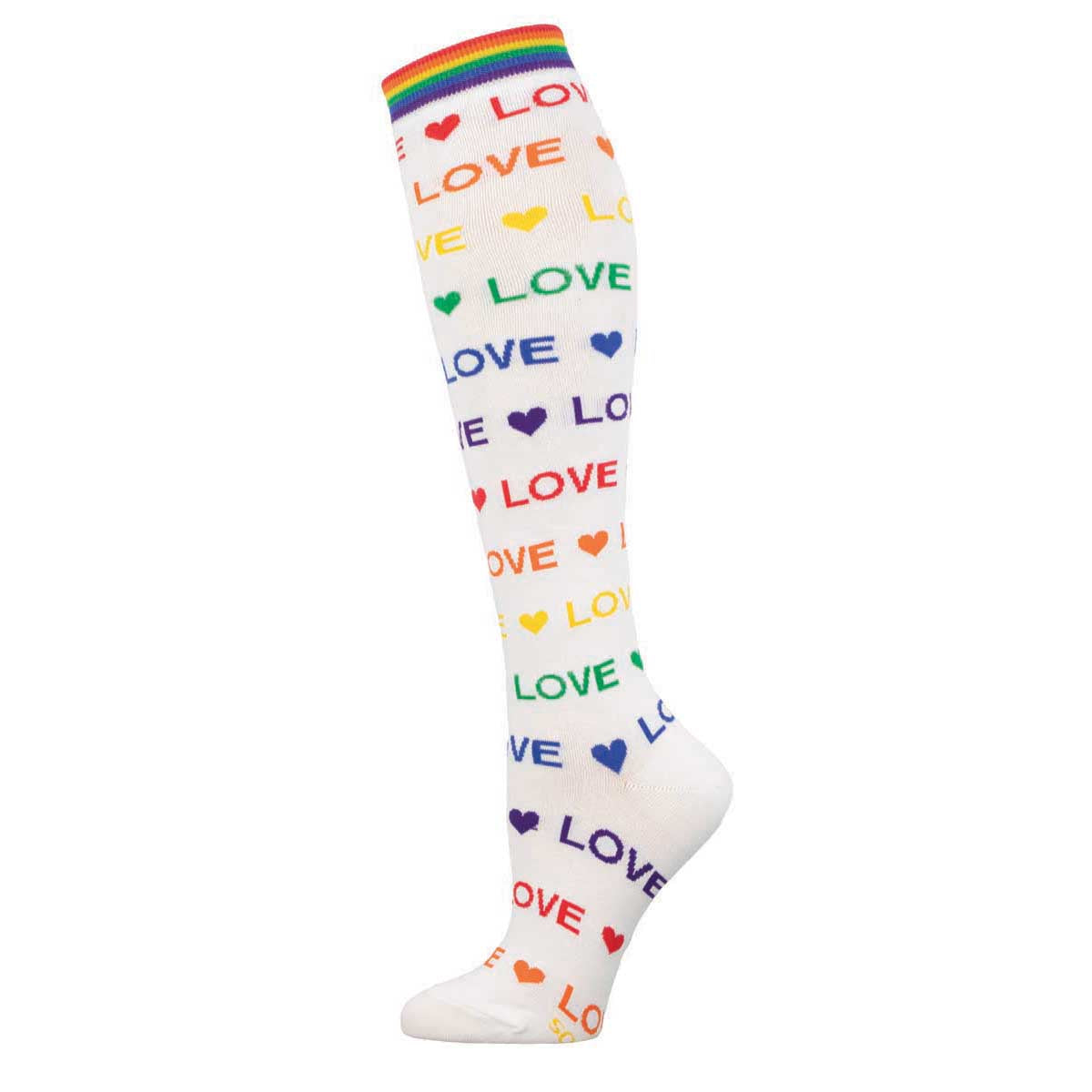 A pair of knee-high socks with the word 'LOVE' and heart patterns in a rainbow of colors on a white background.