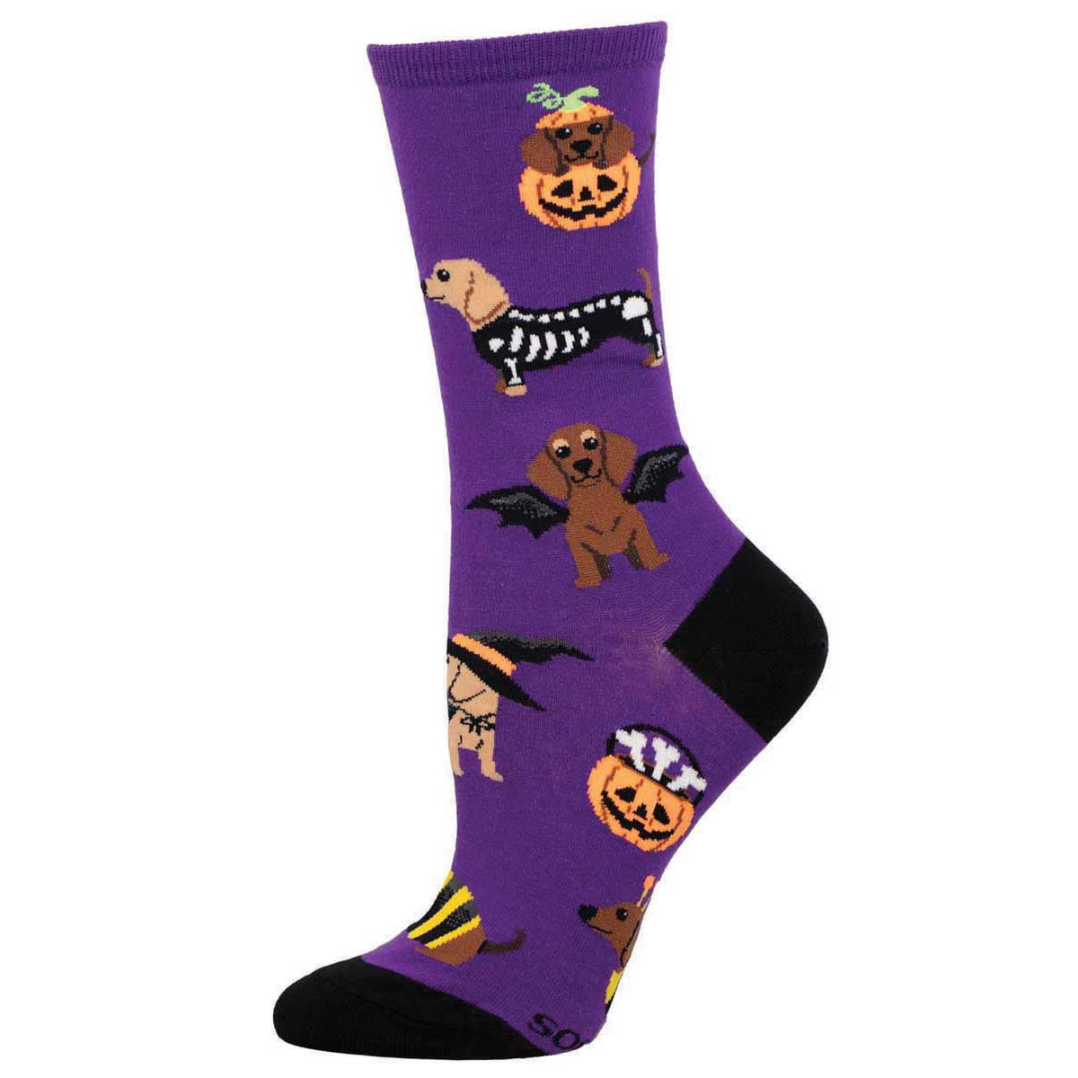 A purple sock with various designs including dogs dressed in Halloween costumes and pumpkins.