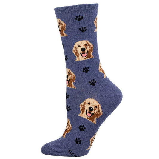 A pair of blue cotton socks with a pattern featuring images of golden retrievers and paw prints.