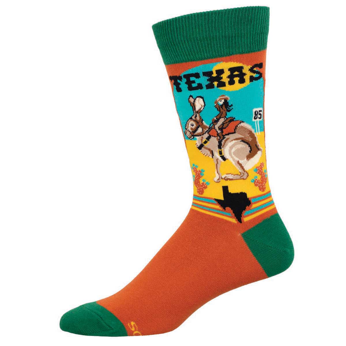 A pair of colorful socks featuring an illustration of a rabbit, a cowboy, and the state of Texas, with a predominantly orange and green color scheme.