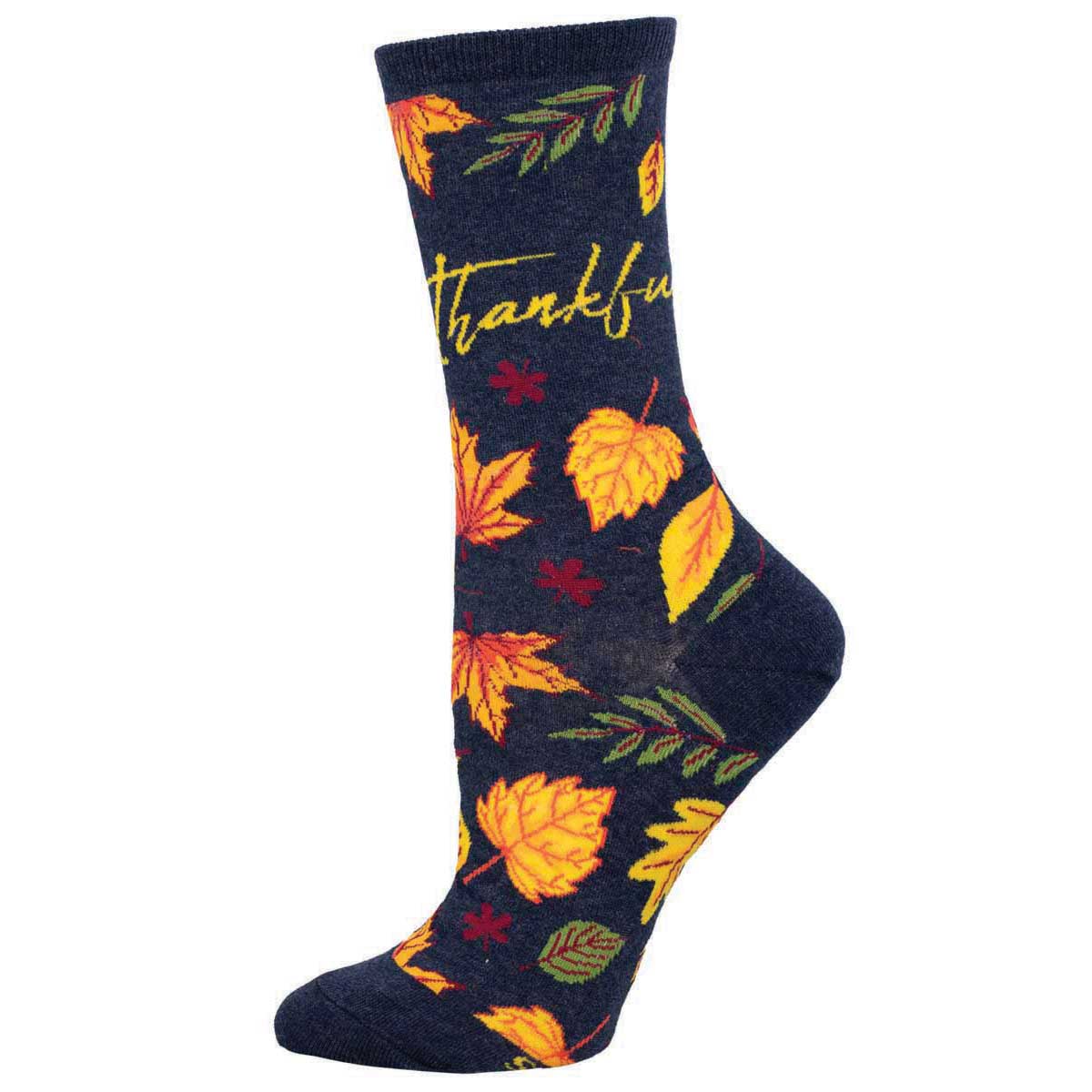 A pair of navy blue cotton crew socks with a Thanksgiving theme, featuring leaves and the text 'Thankful' in a festive fall design.