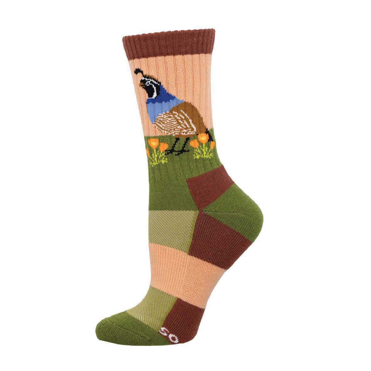 A colorful pair of Merino wool socks with a design featuring a quail and poppies, showcasing a mix of green, brown, orange, and blue colors.