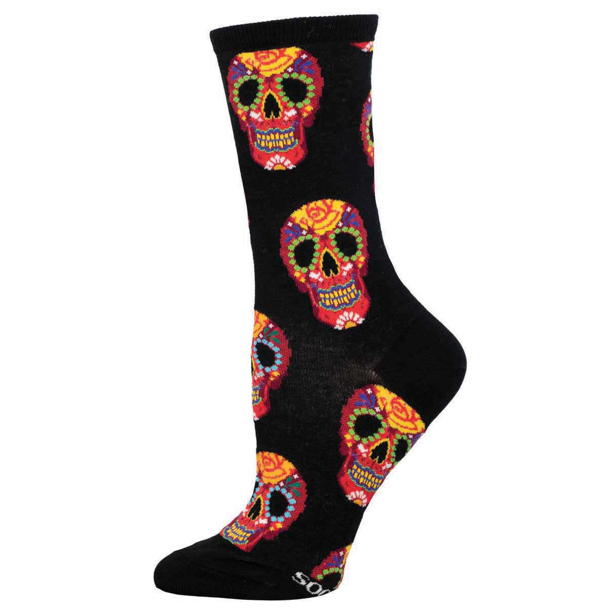 A pair of women's crew socks featuring a pattern of colorful red Dia De Los Muertos sugar skull on a black background.