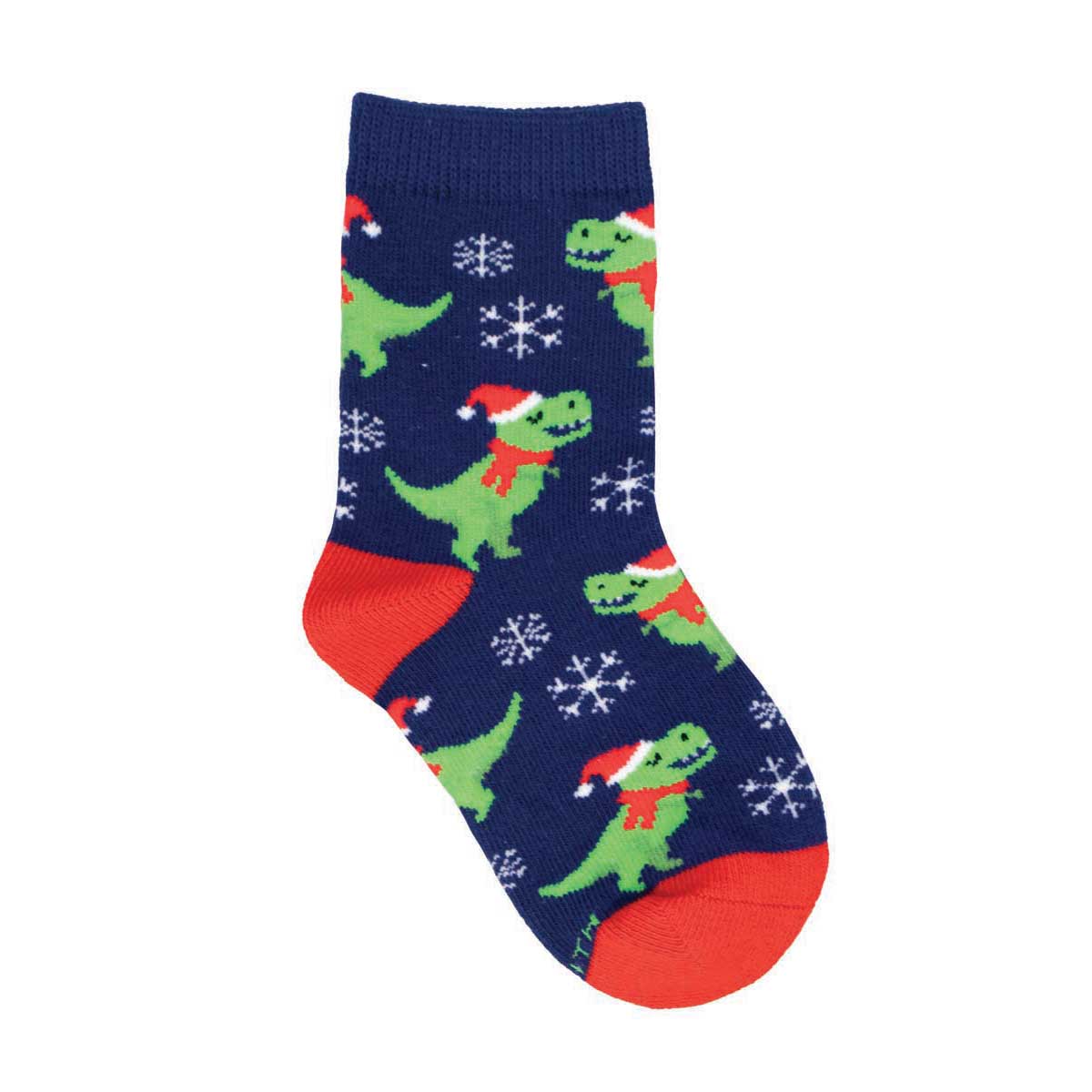 A pair of children's holiday-themed socks with green dinosaur patterns and red accents on a navy blue background.