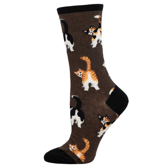 A pair of brown crew socks with a pattern of cats showing off their butts.