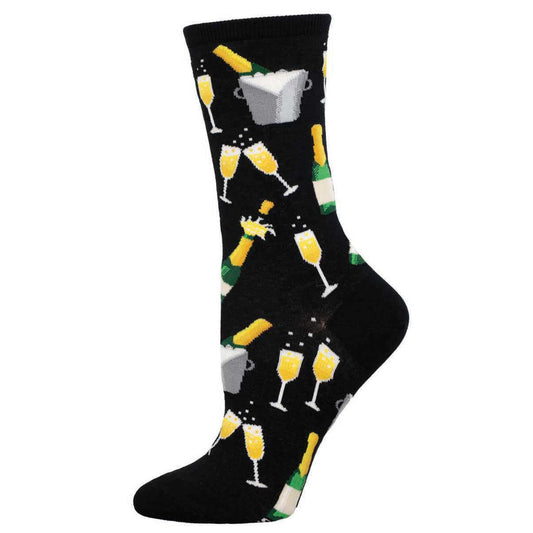 A pair of black crew socks with a pattern of champagne glasses and ice buckets.