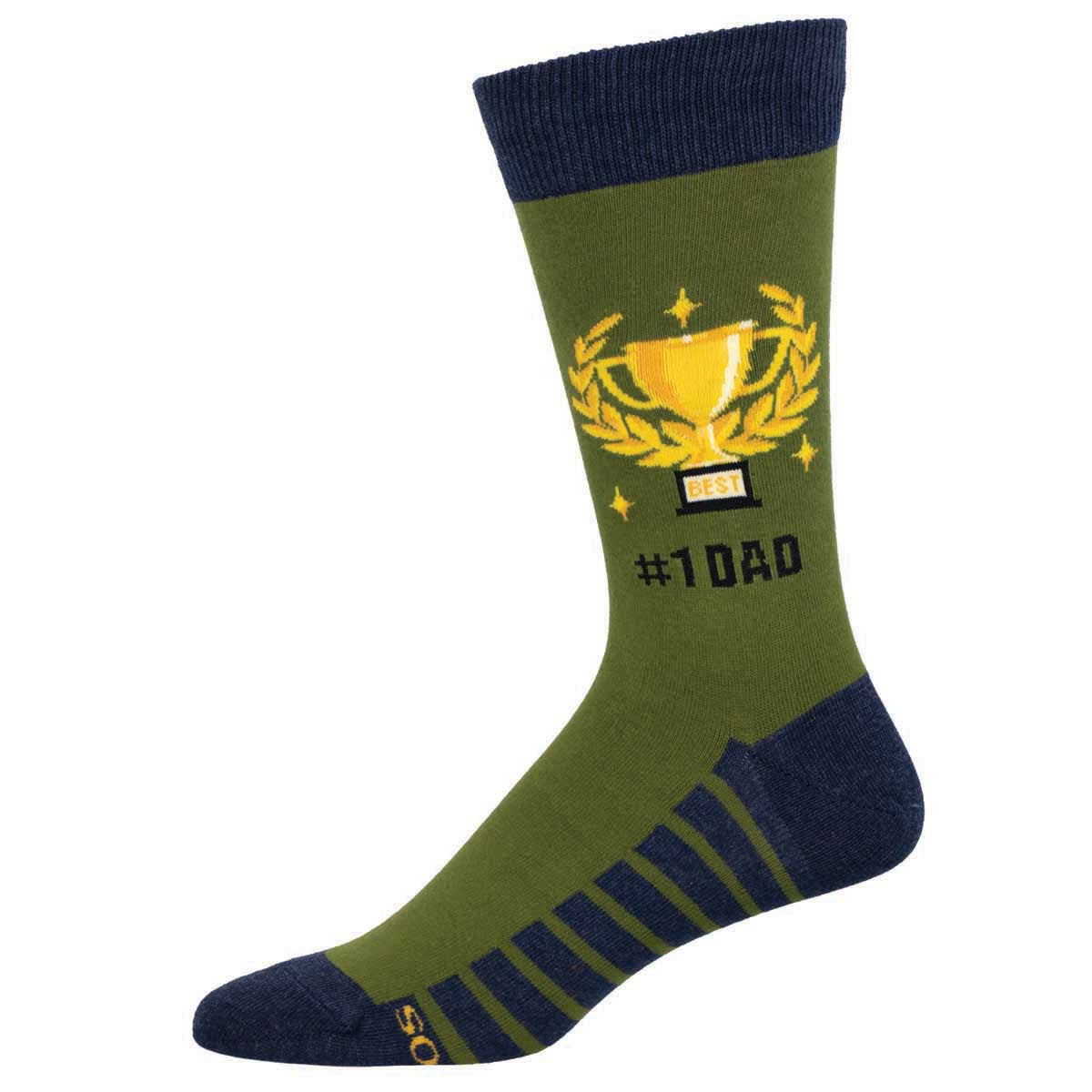 A green sock with navy trim featuring a gold trophy design and the text '#1 Dad'.