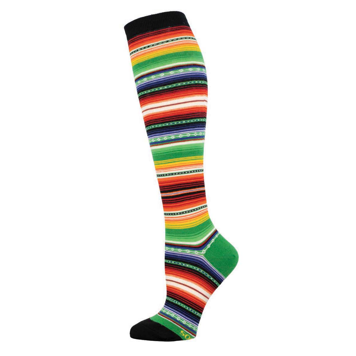 A pair of colorful striped knee-high socks with black tips and heel, showcasing a vibrant pattern.