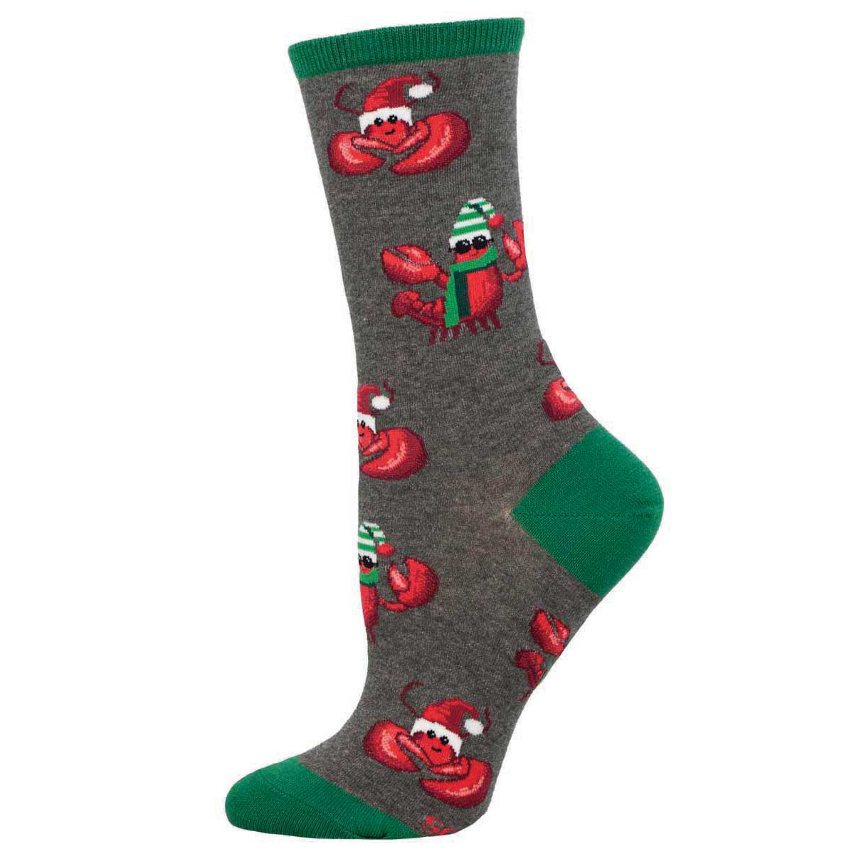 A pair of women's crew socks with a festive lobster design, featuring red and green colors on a gray background.