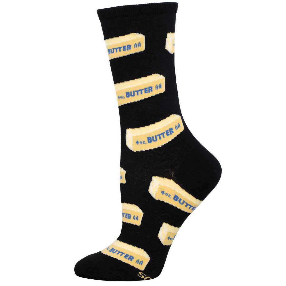 A black crew sock with a pattern of yellow sticks of butter and the text 'BUTTER'.