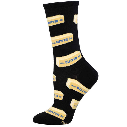 A black crew sock with a pattern of yellow sticks of butter and the text 'BUTTER'.
