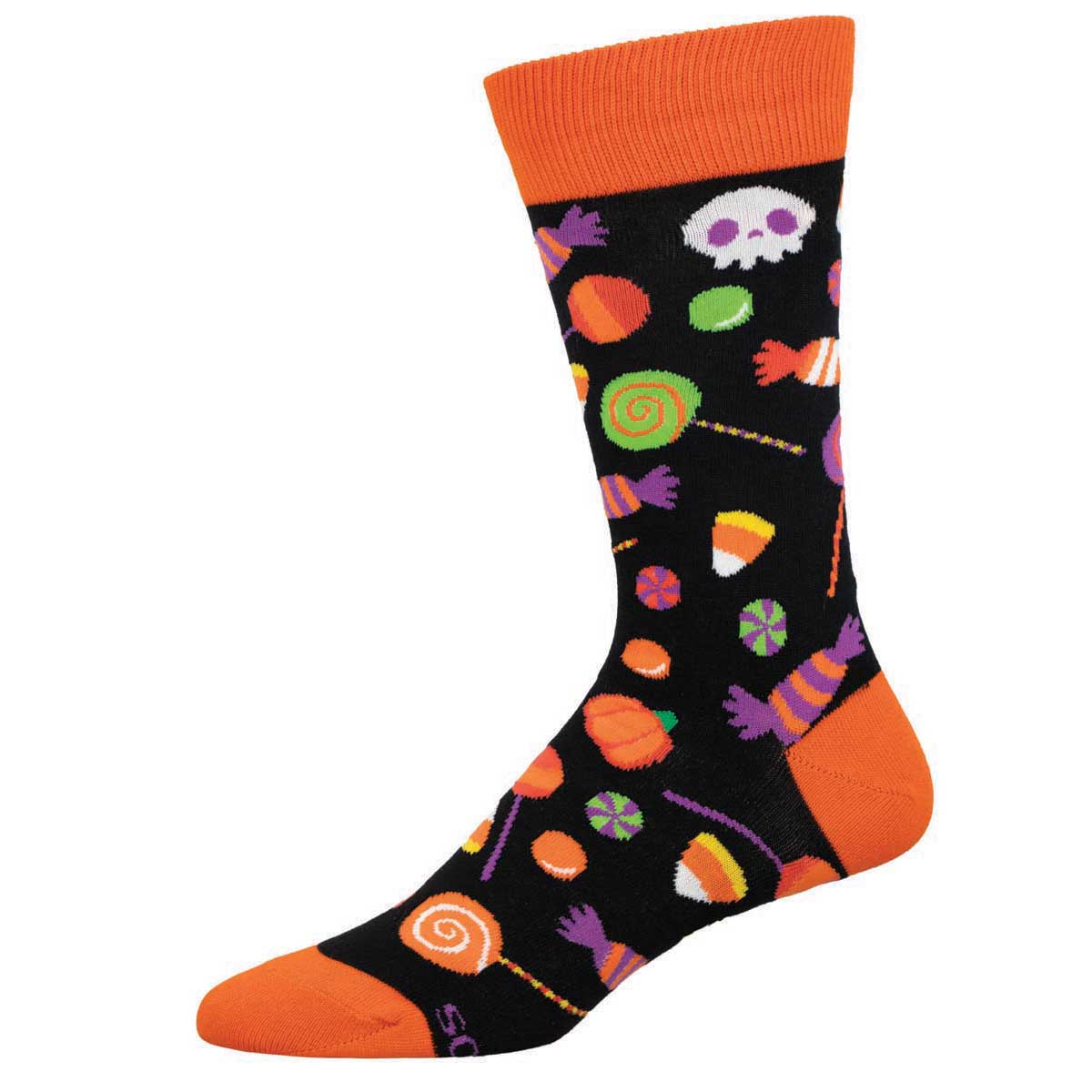A pair of men's crew socks with a Halloween theme, featuring pumpkins, skulls, and candies in a black and orange color scheme.