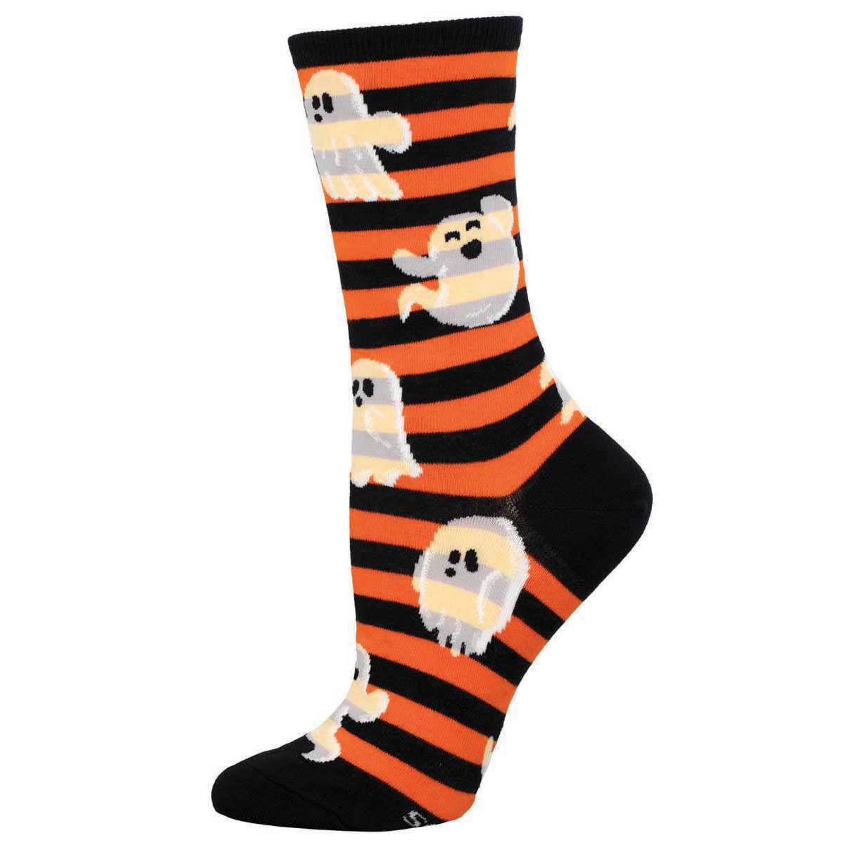 A pair of socks with a striped pattern featuring ghosts in orange and black colors, indicative of Halloween. Muy Bella!