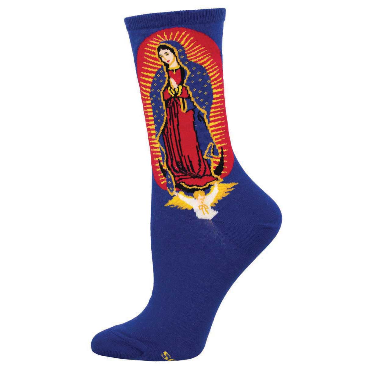 A pair of blue cotton crew socks featuring a graphic of Our Lady of Guadalupe.