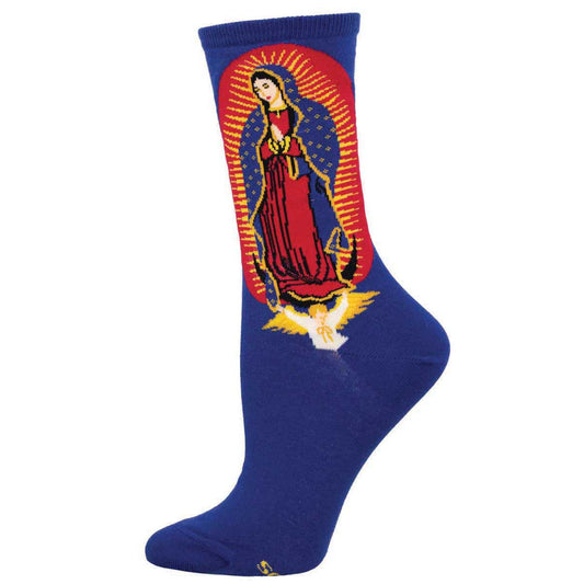 A pair of blue cotton crew socks featuring a graphic of Our Lady of Guadalupe.