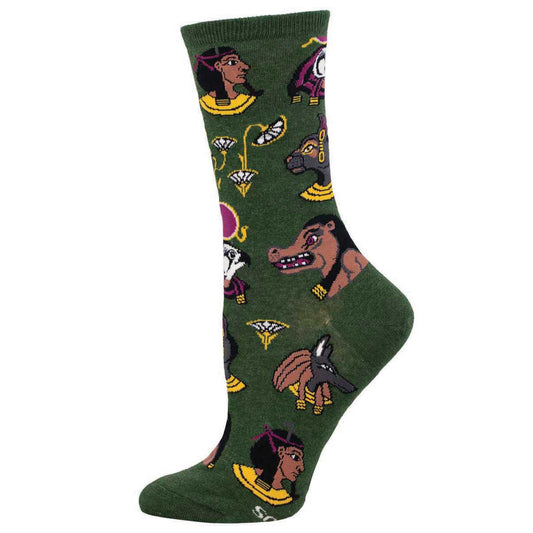 A pair of green socks with various Egyptian deity designs.