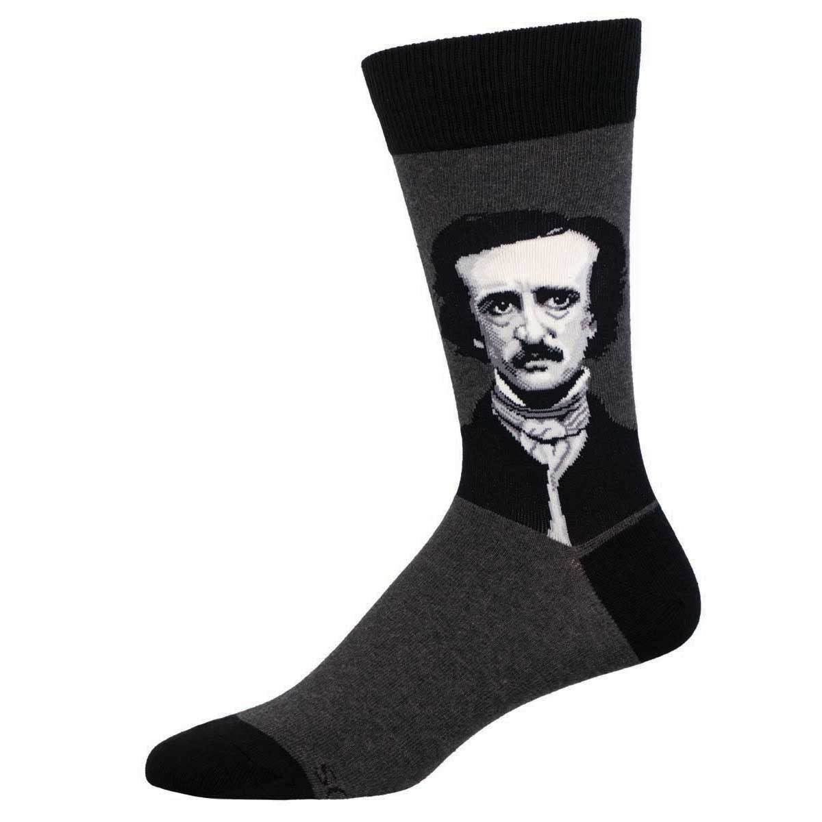 A pair of crew socks featuring a portrait of Edgar Allan Poe against a gray background.