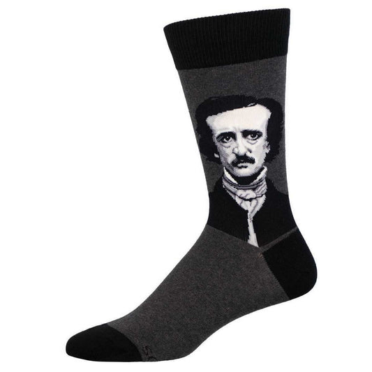 A pair of crew socks featuring a portrait of Edgar Allan Poe against a gray background.