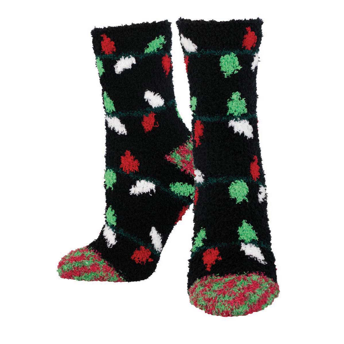 A pair of fuzzy black crew socks with a Christmas pattern of red, white, and green Christmas lights. 