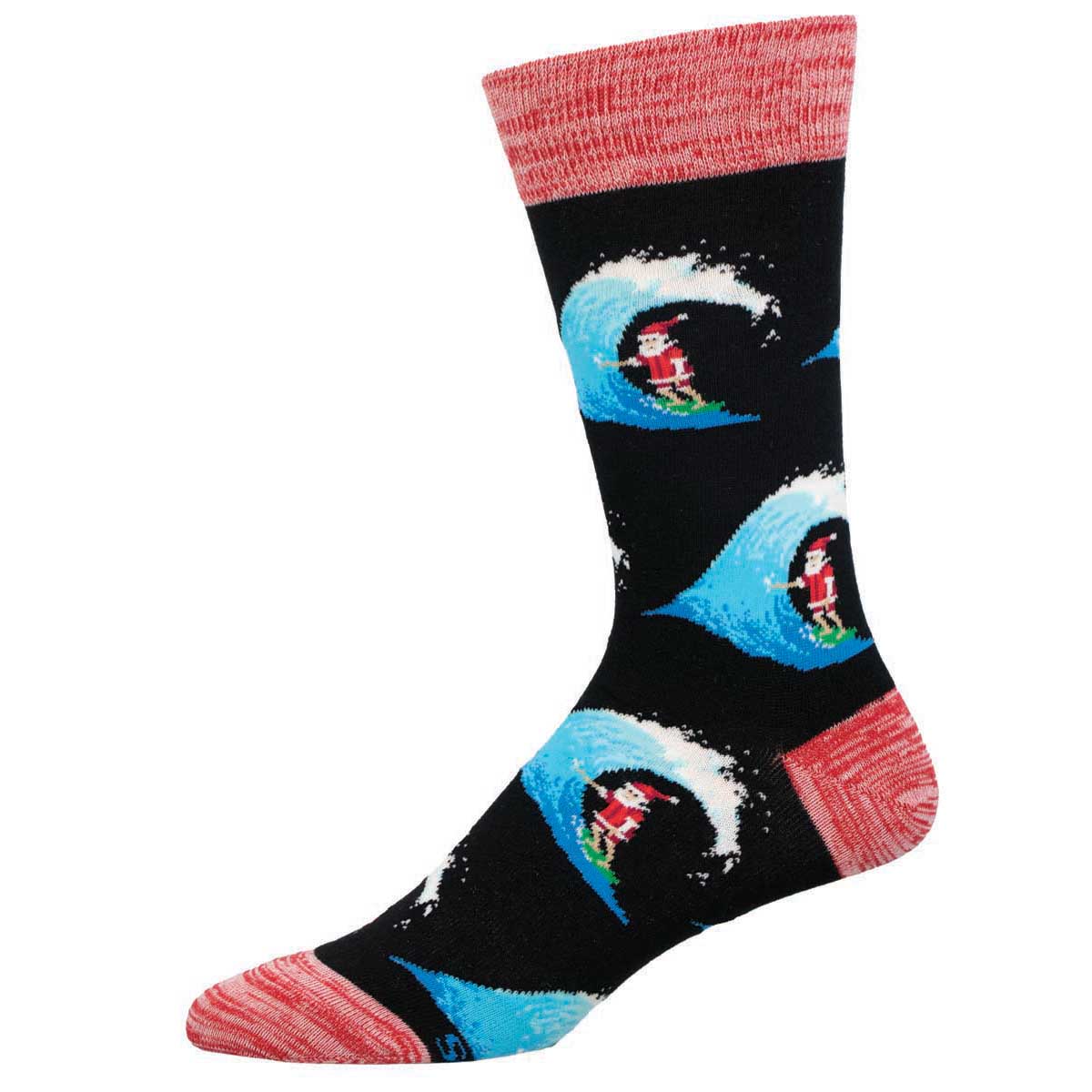 A colorful sock with a pattern that includes a Santa Claus figure on a surfboard, predominantly black with red and blue accents.