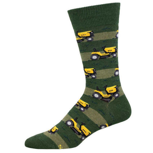A pair of green socks with a pattern of yellow lawn mowers.