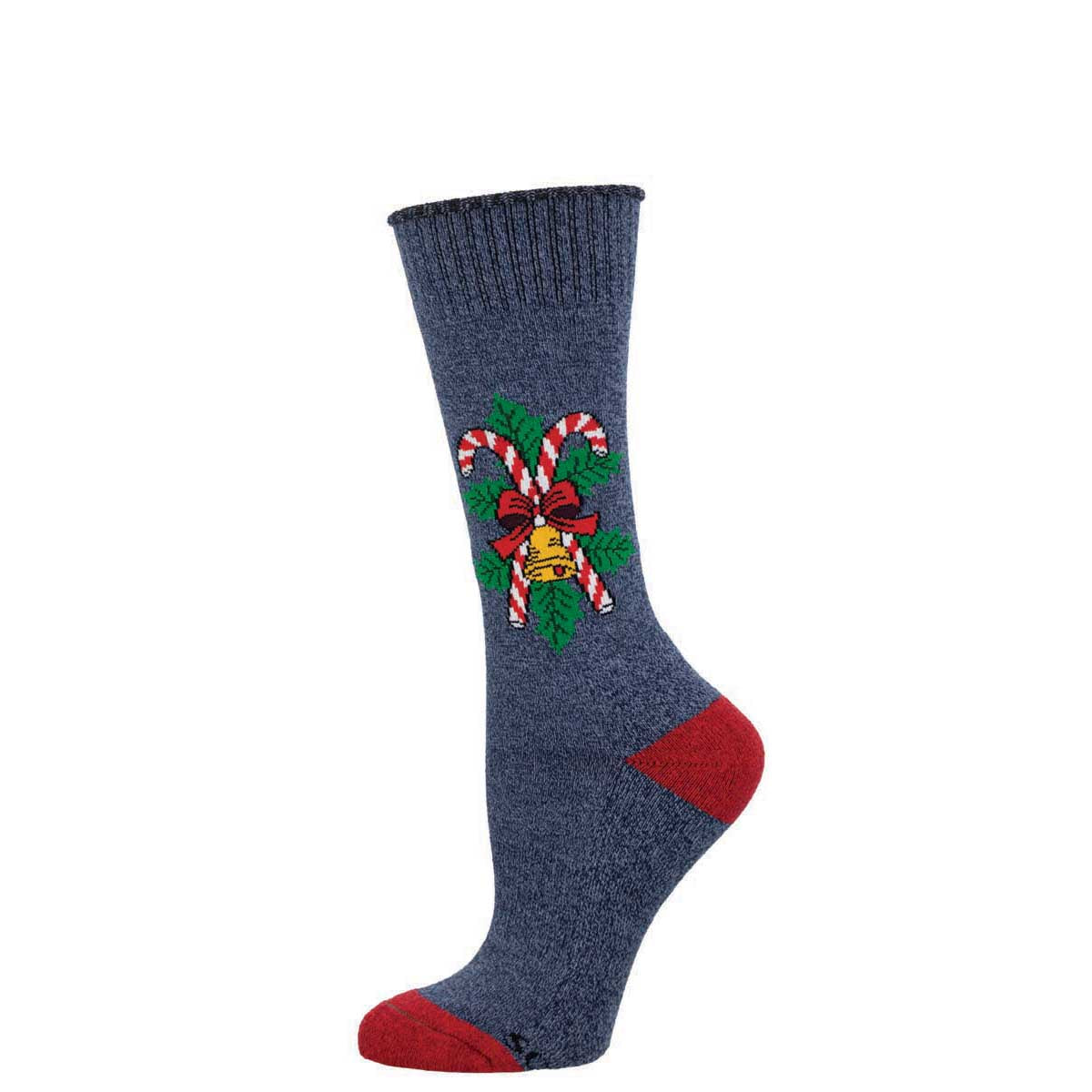 A pair of women's socks with a Christmas candy cane design, predominantly blue with red accents at the heel and toe, and a festive pattern on the cuff.