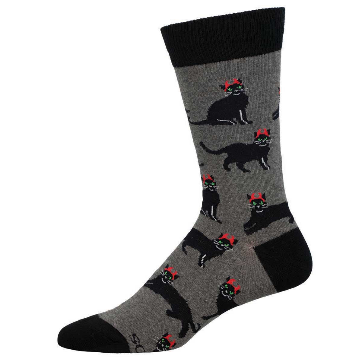 A pair of socks with a pattern of black cats wearing red devil horns on a gray background.
