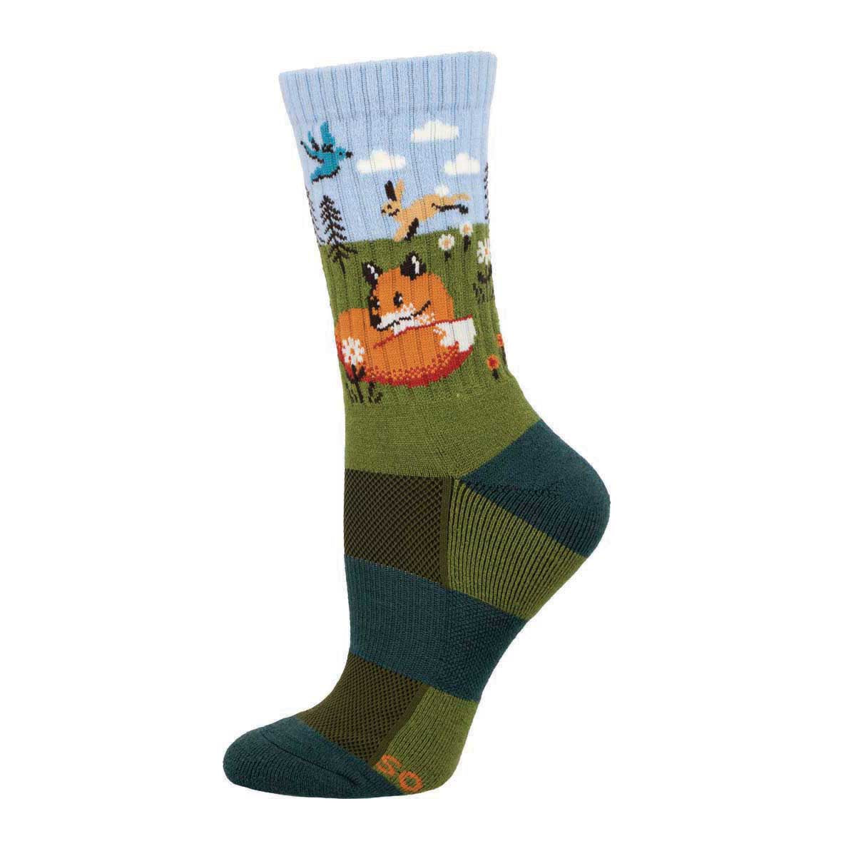 A colorful Merino wool crew sock featuring an illustration of a fox and a hare in a natural landscape.
