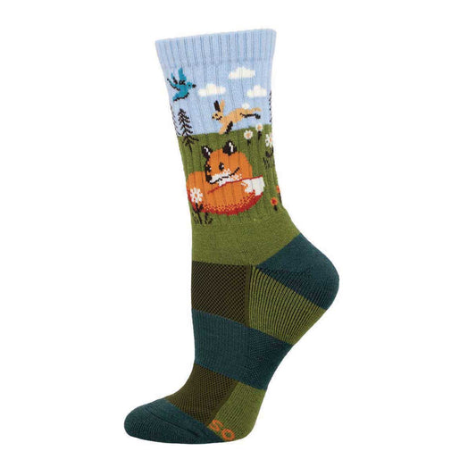A colorful Merino wool crew sock featuring an illustration of a fox and a hare in a natural landscape.
