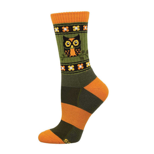 A pair of crew socks with an owl design, featuring green, orange, and brown colors.