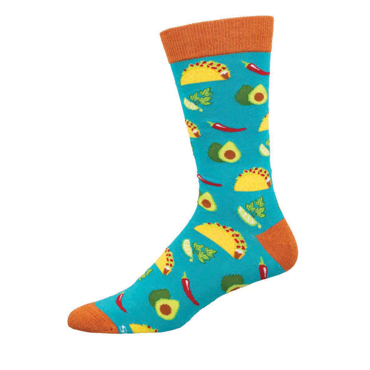 A pair of colorful socks with a pattern of tacos, avocados, and chilies on a blue background with orange at the top and bottom.
