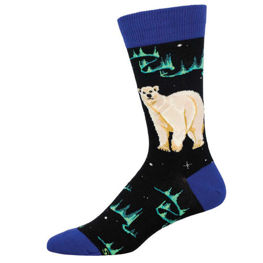 A pair of socks with a design featuring a polar bear and the northern lights on a black background with blue at the cuffs.