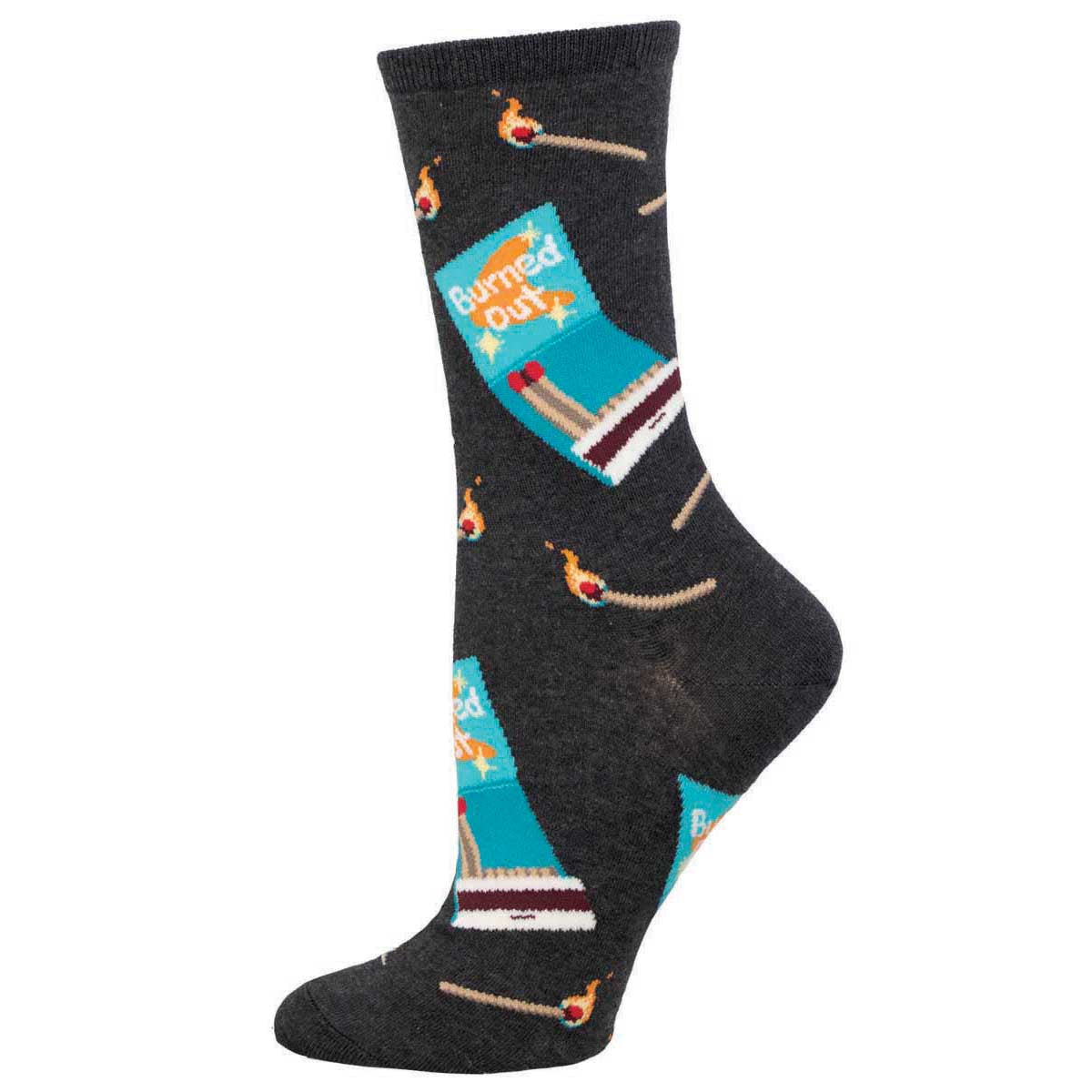 A pair of women's crew socks with a pattern that includes a matchbook and matches design on a charcoal background with the text 'Burned Out'.