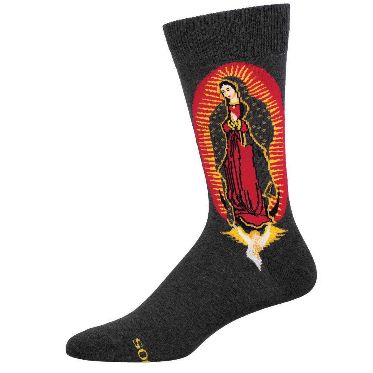 A charcoal heather sock featuring an illustration of Our Lady of Guadalupe against a red and yellow background.