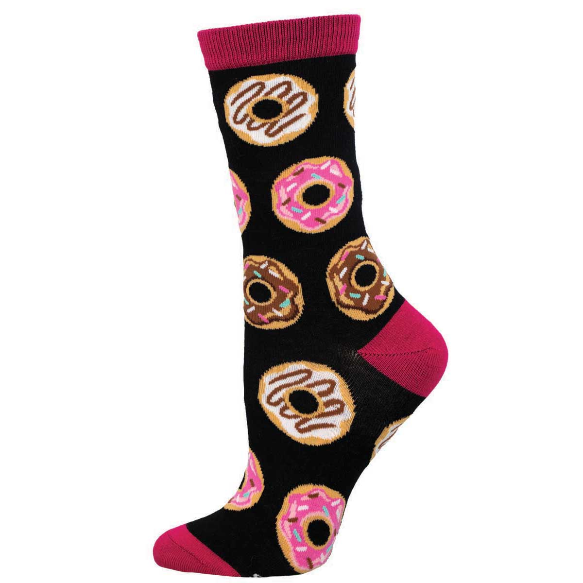 A pair of black socks with a pattern of colorful donuts on them, with pink trim at the top.