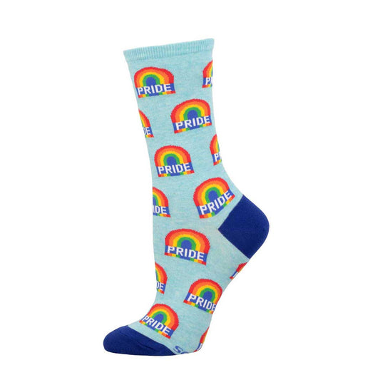 A pair of colorful crew socks with a pattern of rainbows and the word 'PRIDE' repeated across the visible surface.