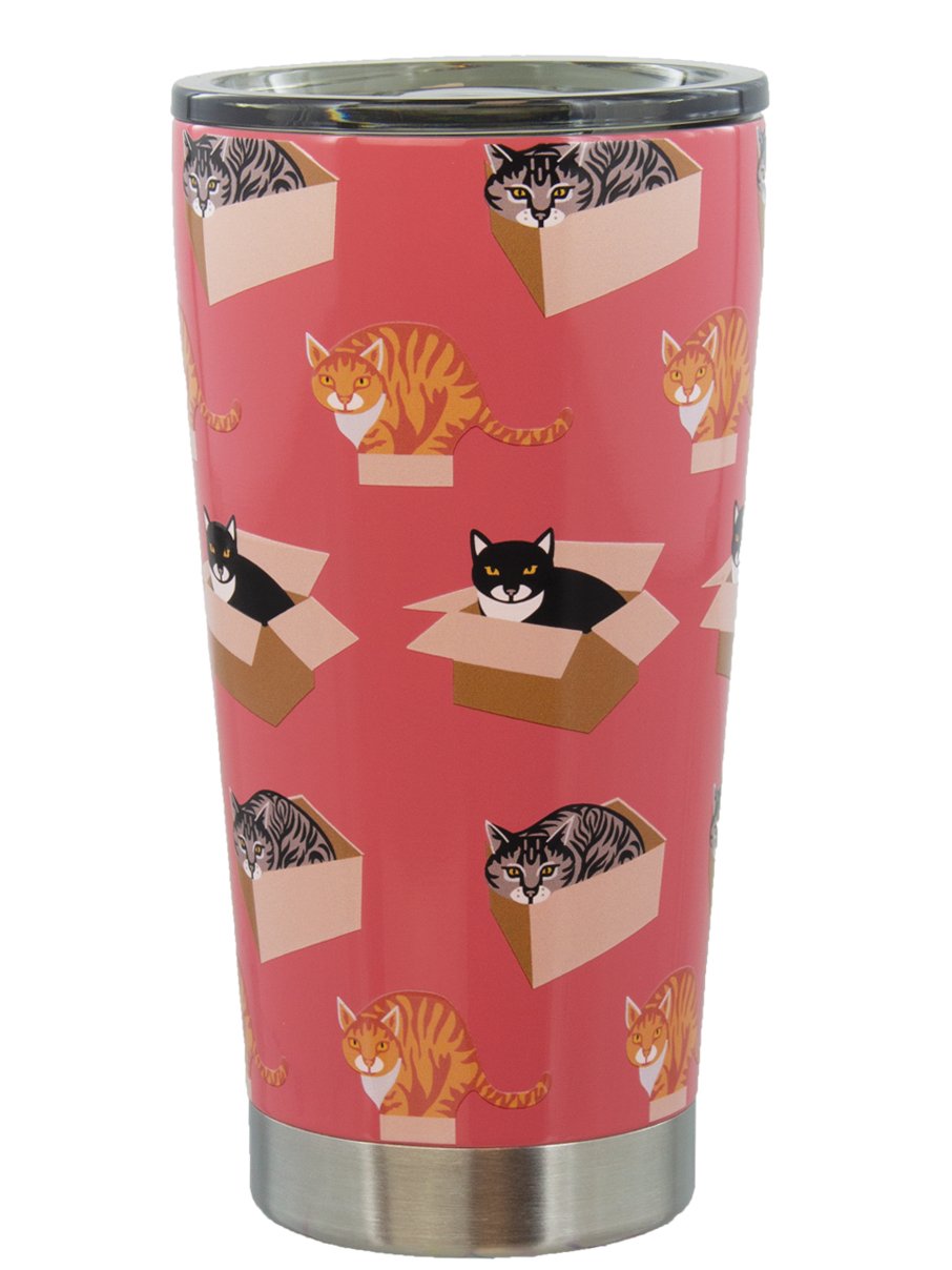 A stainless steel coffee tumbler with a pink slide lid, featuring a pattern of cats inside boxes on a pink background.